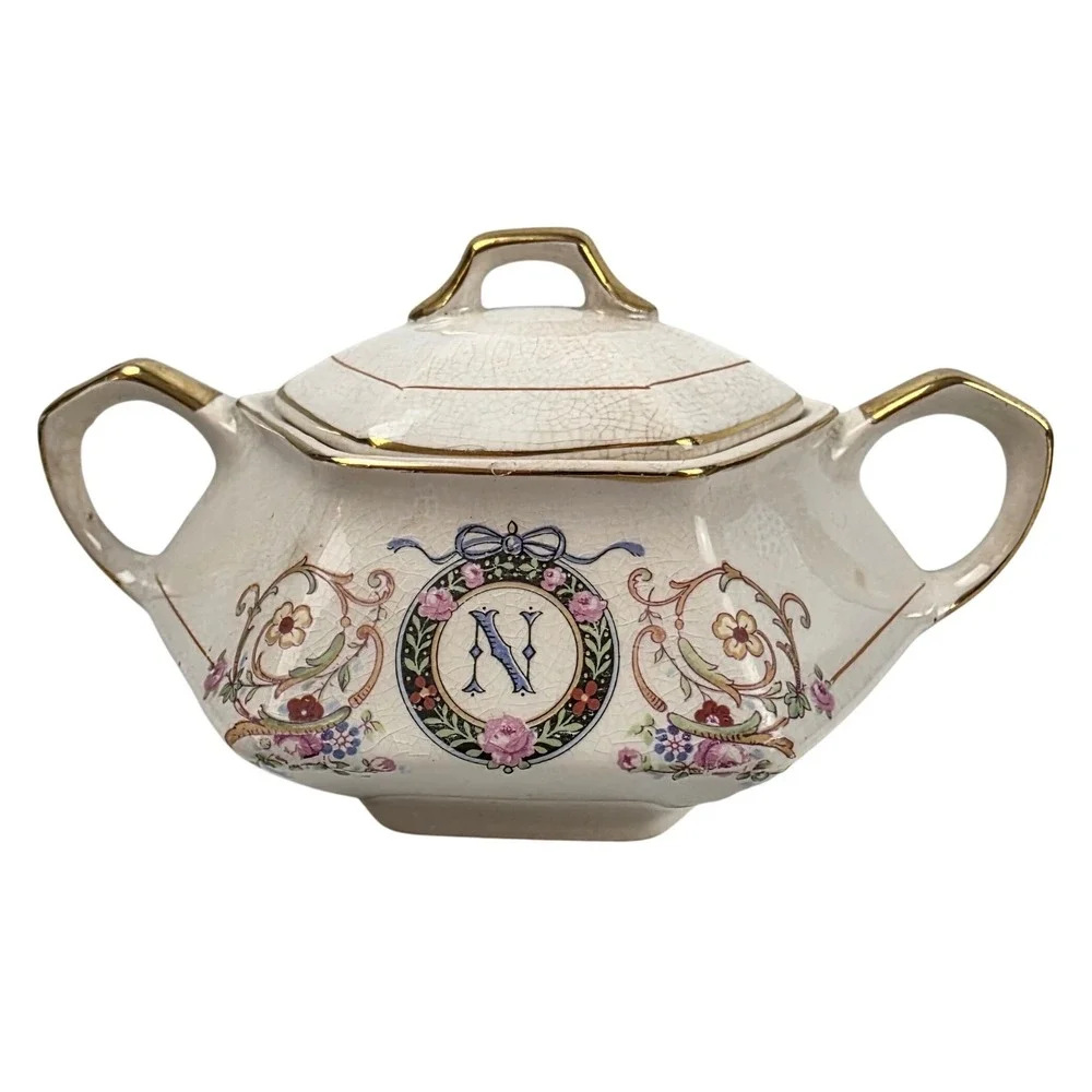 Antique Bavaria Germany Sugar Bowl Lid Floral Gold Monogram N Porcelain